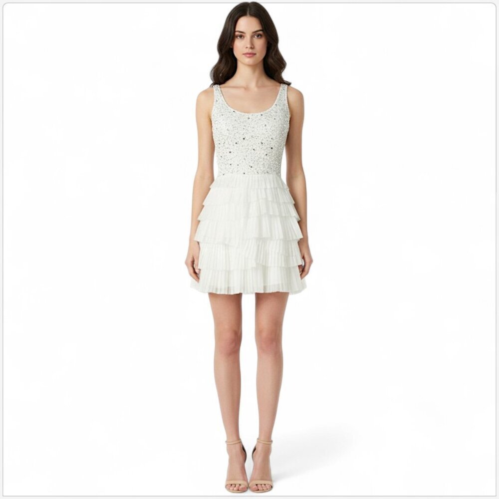 Nina Austin White Silver Sequin Beaded Top with Mesh Tulle Skirt Dress Vintage M